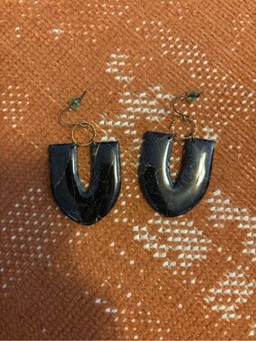 Hand Crafted Black Resin U-Shaped Drop Earrings with Gold Hoops